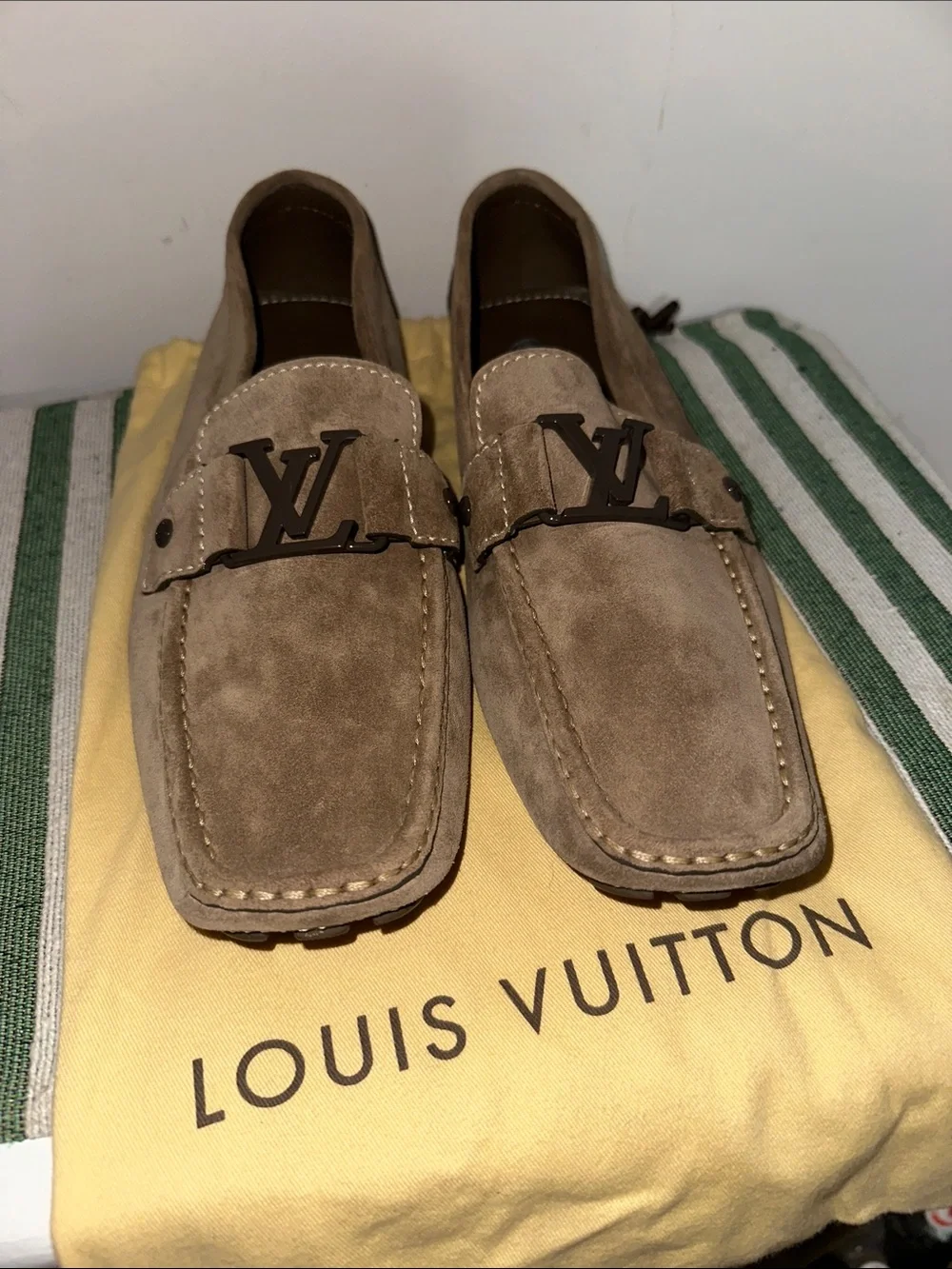 Louis Vuitton Men’s Suede Loafers in Taupe Brown with LV Hardware